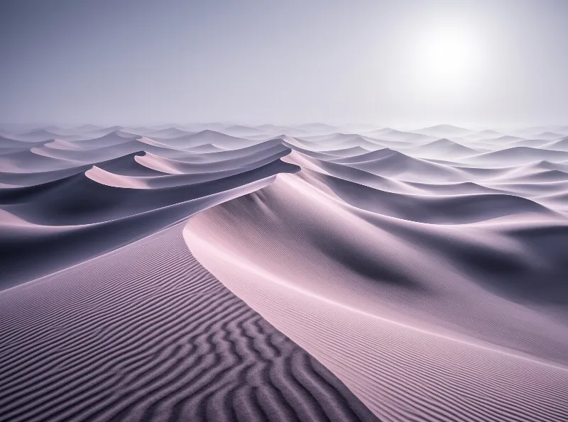 Rippled pale violet sand dunes stretch across a vast empty desert under soft diffused hazy sunlight.