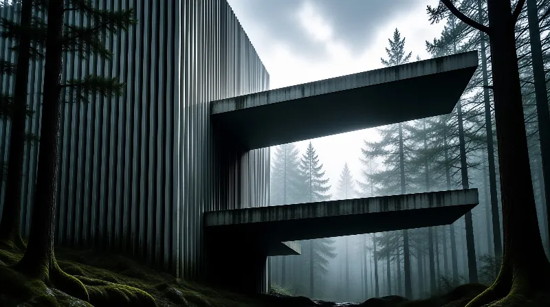 A modern structure with vertical ribbing and large cantilevers sits amidst a misty pine forest.