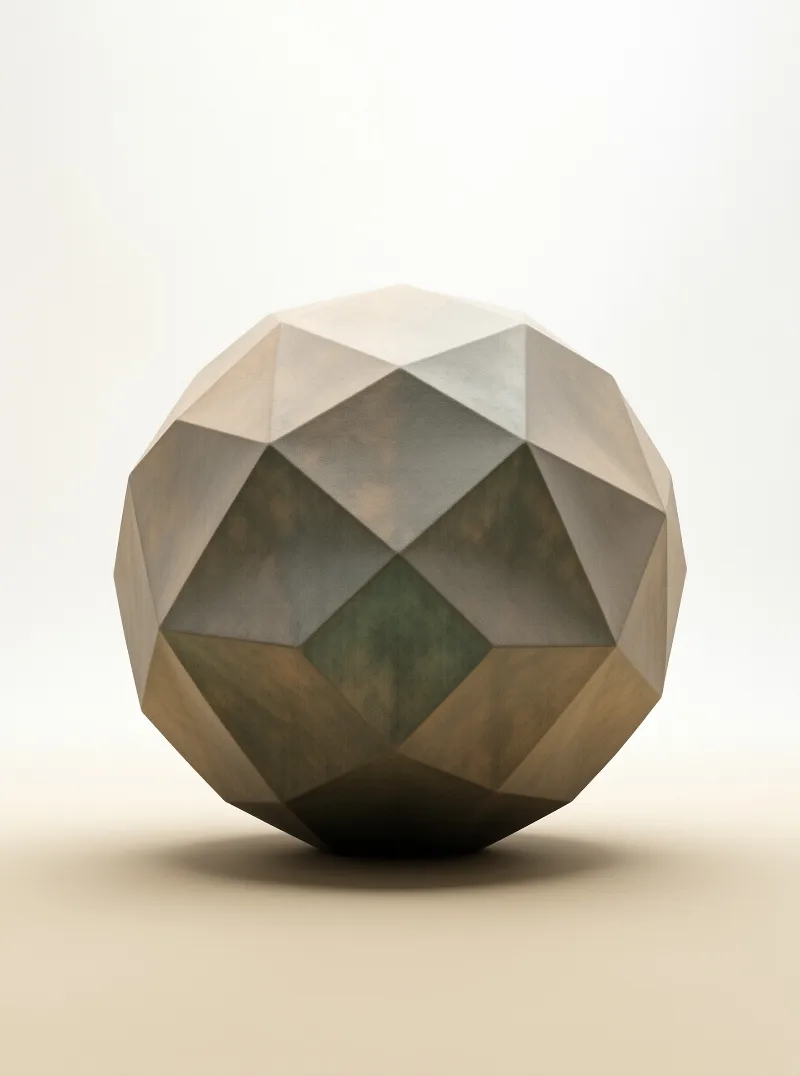 A low-poly render shows a faceted sphere of weathered bronze and olive panels resting on a pale seamless background