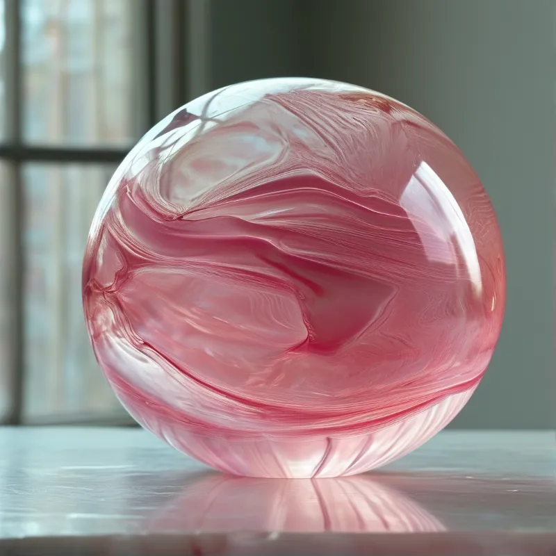 A translucent pink orb streaked with swirling milky bands rests on a reflective surface beside a softly blurred window