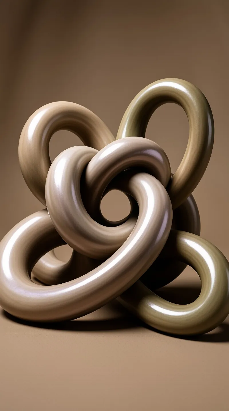 Smooth rounded rings of unglazed clay loop through one another, casting soft shadows across the brown surface.