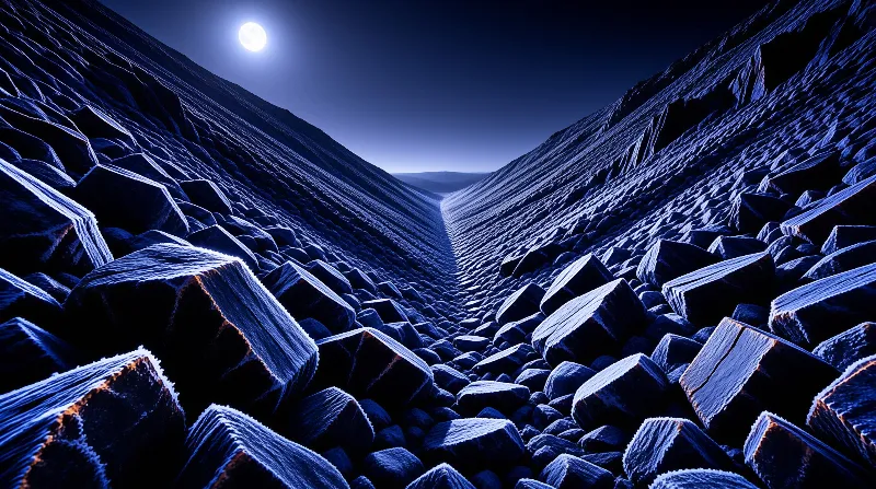 Cool blue light spills across jagged crystal-like rock pillars that slope down toward a narrow horizon.
