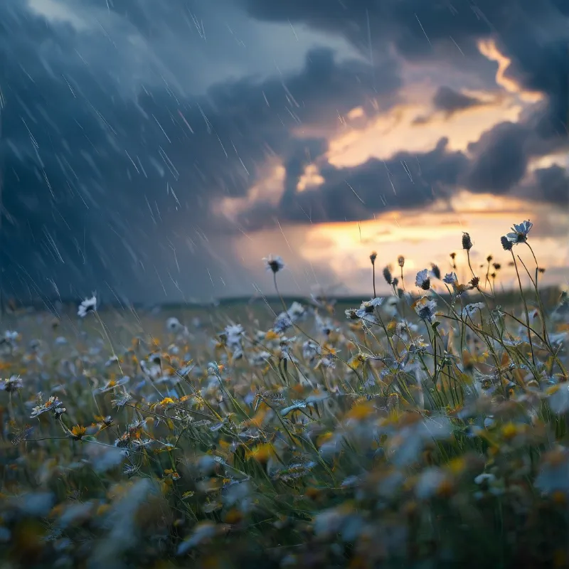 White wildflowers stand in a meadow as rain streaks down through a dark sky lit by warm sunlight breaking through clouds.