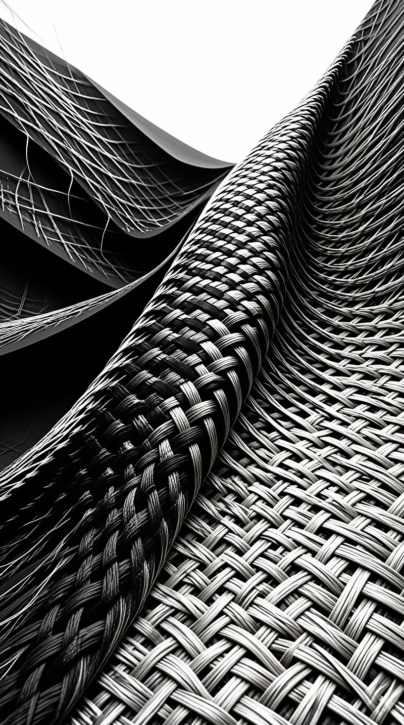 A monochrome close-up of curved woven strands forming a central ridge with deep shadows and a bright background.