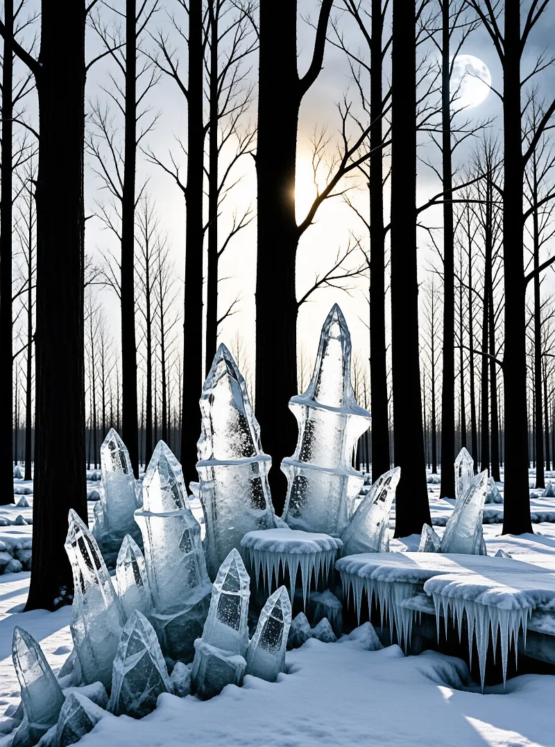 Massive ice formations rise from snow among bare trees under a bright moon.