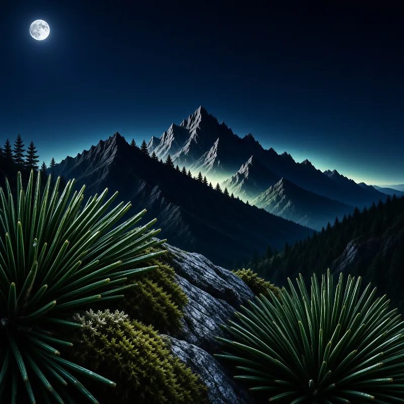 A bright full moon lights jagged peaks above mossy rocks and radiating pine needles.