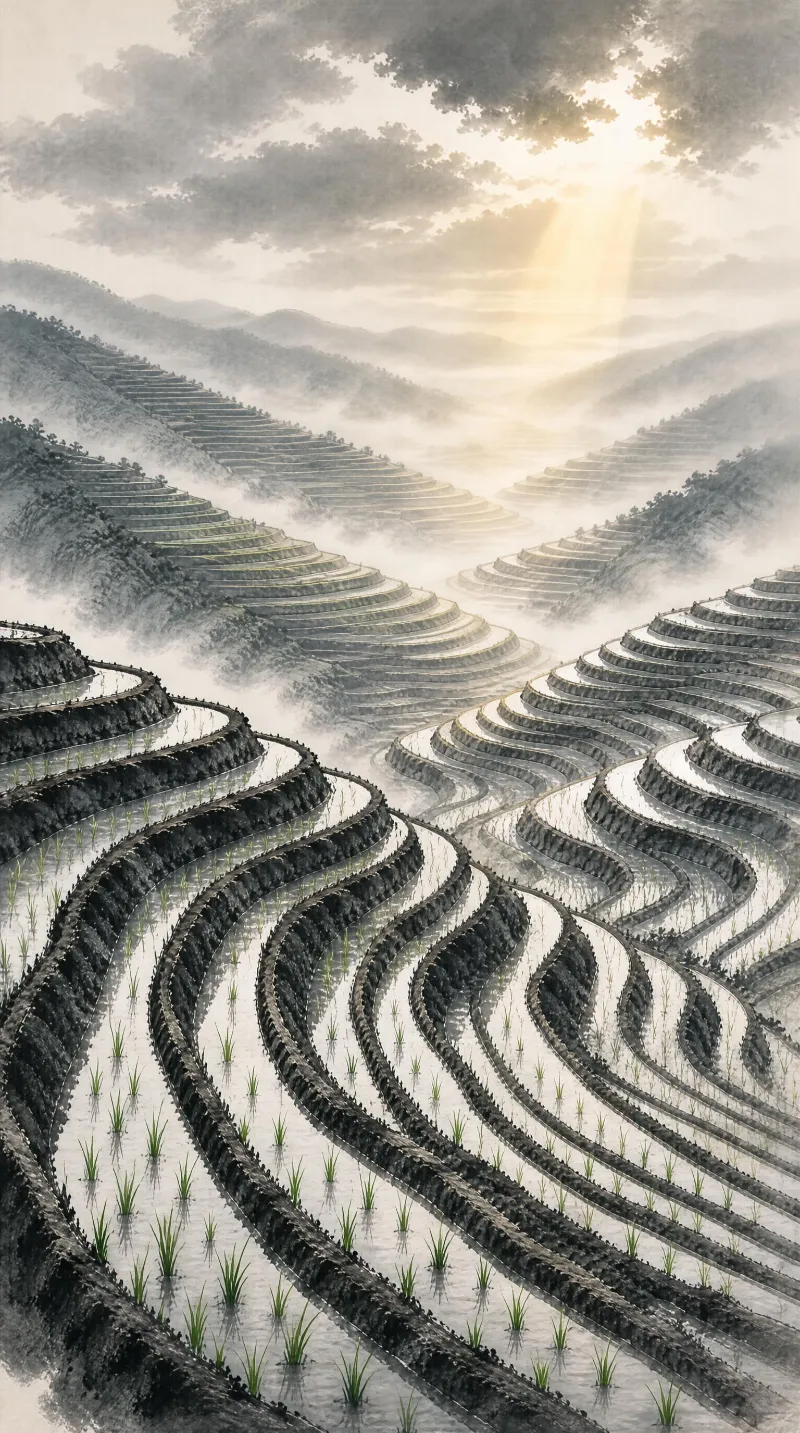 A serene landscape of terraced rice fields with water, surrounded by misty mountains and illuminated by morning sunlight.