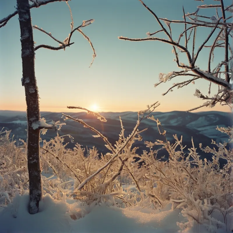 Frost covered branches and a thick tree trunk frame a view of rolling hills under a rising sun.