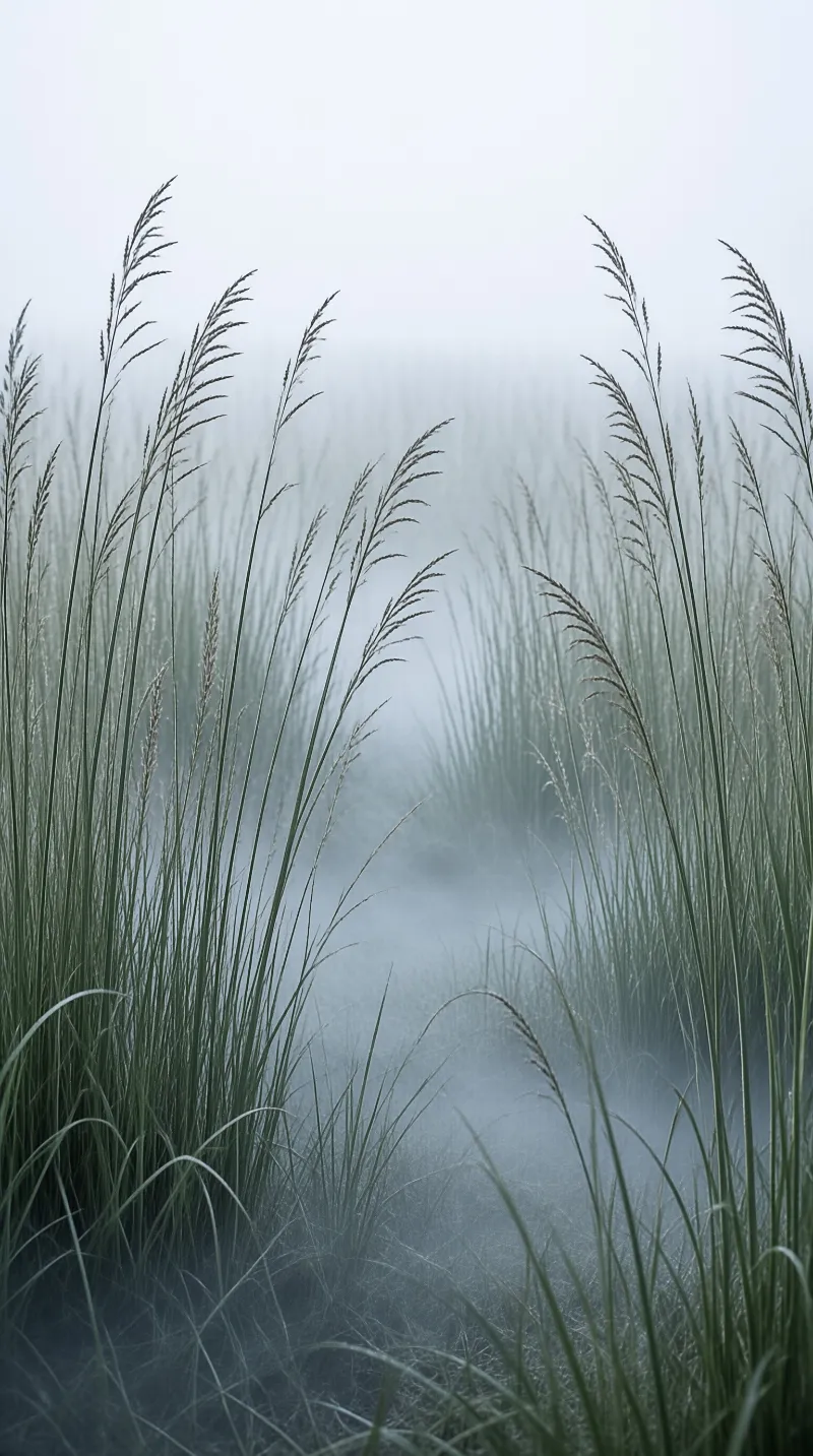Slender seed heads of wild grass dissolve into pale mist in a quiet muted meadow scene.