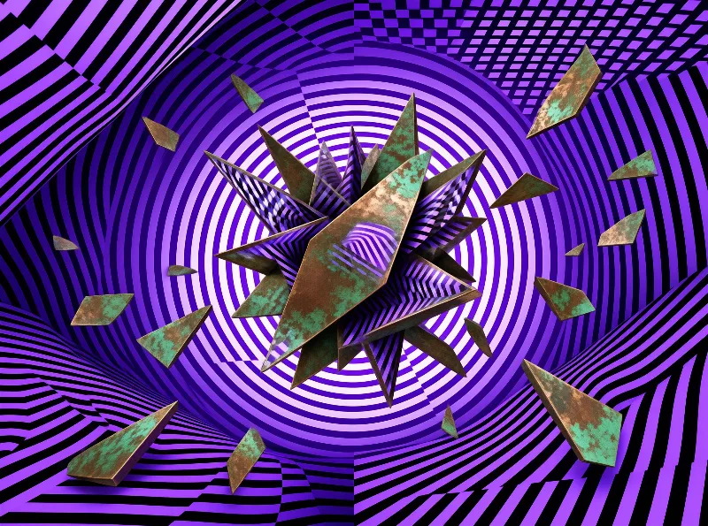 Shattered bronze shards with green patina float before a hypnotic background of purple and black concentric rings.