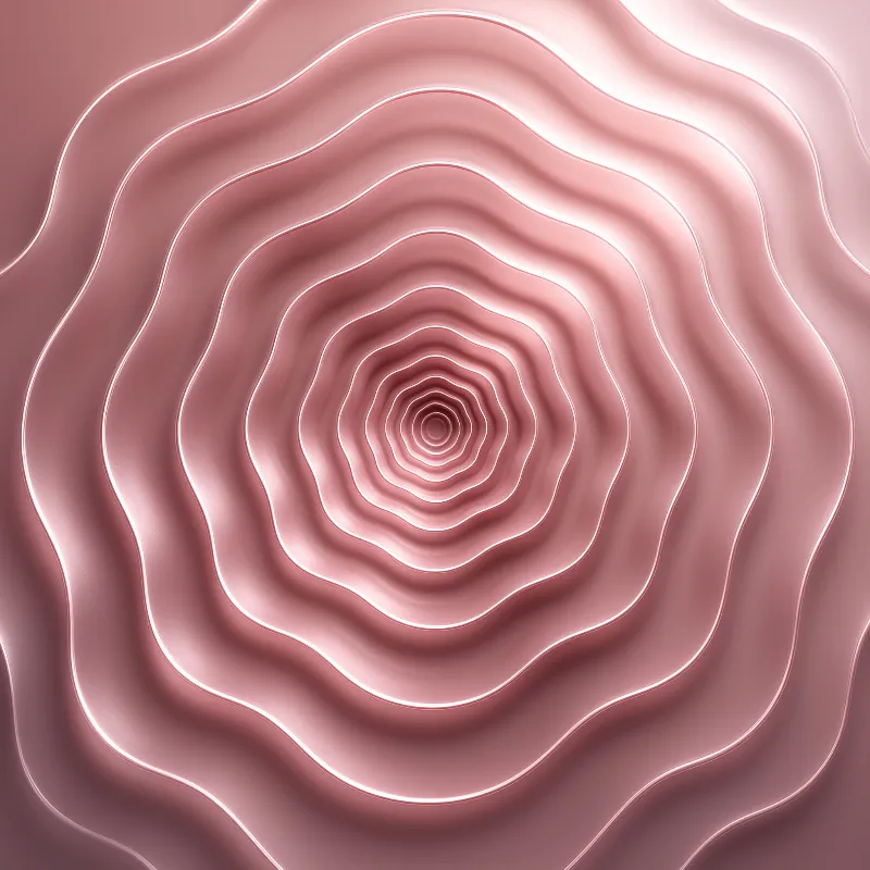 A 3D rendering of concentric rings made from shiny rose gold metal creating a deep tunnel effect.