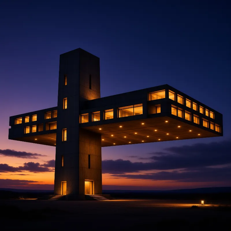 A massive stone structure shaped like a cross stands against a purple sky while its warm yellow windows shine brightly.