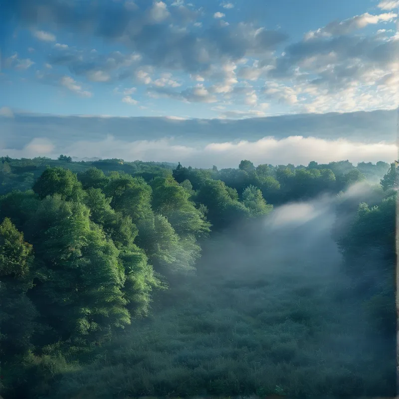 A dense green woodland sits beneath a cloudy blue sky while thick white fog drifts across the lower valley