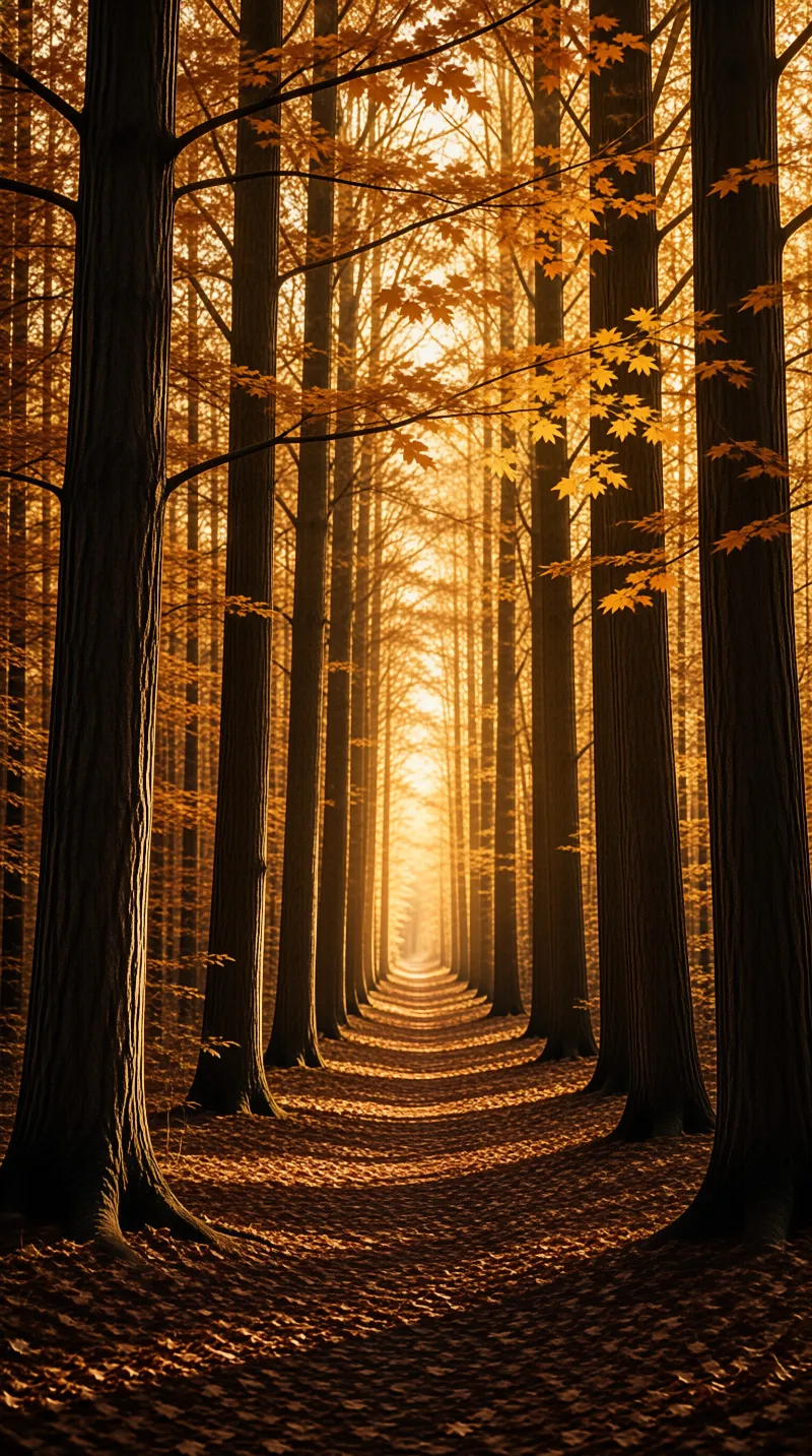 Tall trees line a straight forest path covered in fallen leaves as bright sunlight streams from the distant end.