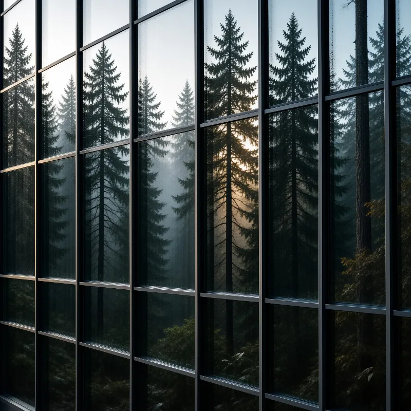 Foggy forest of tall dark fir trees seen through gridded glass window, warm dawn light glows between distant treetops.