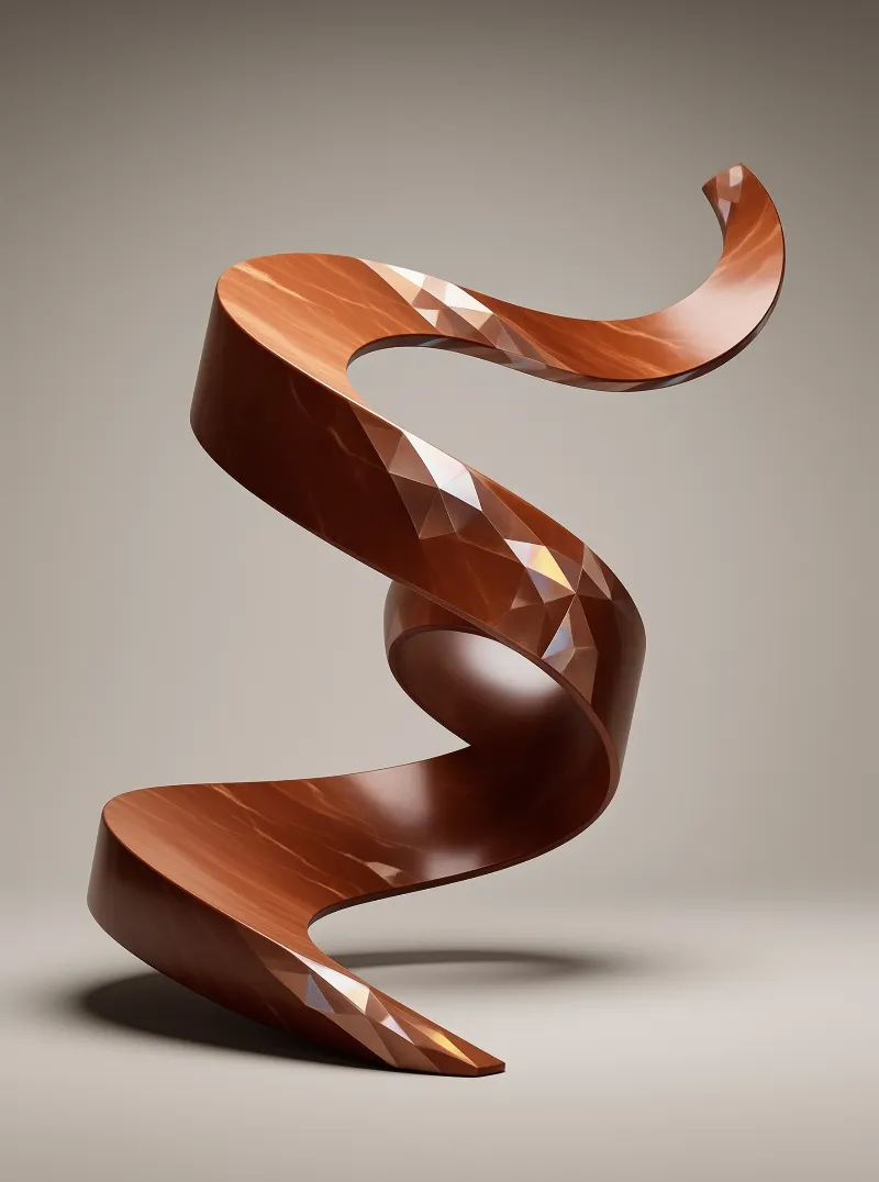 A warm brown twisted shape with faceted surfaces floats against a neutral gray gradient background with soft shadows.
