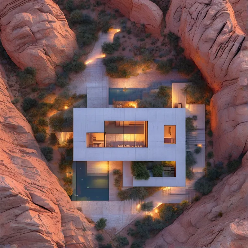 Top down view of a white cube house nestled within massive red rock formations under warm evening light.