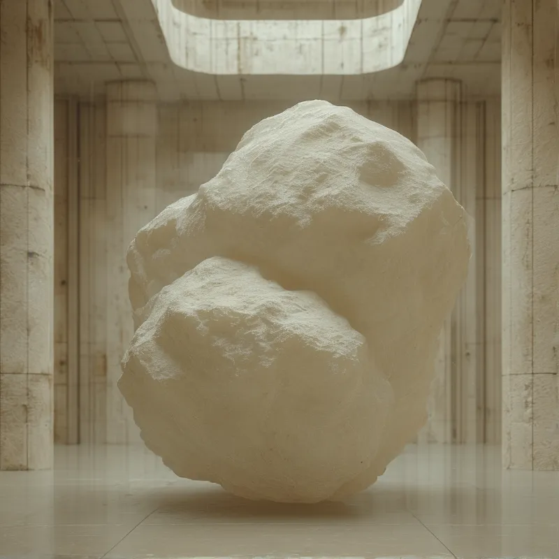 A rough pale salt mass rests on a smooth floor inside a light beige stone colonnade with a rectangular skylight above.