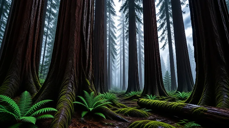 Massive redwood trunks rise through a dense forest covered in green moss and ferns while fog obscures the distant trees.