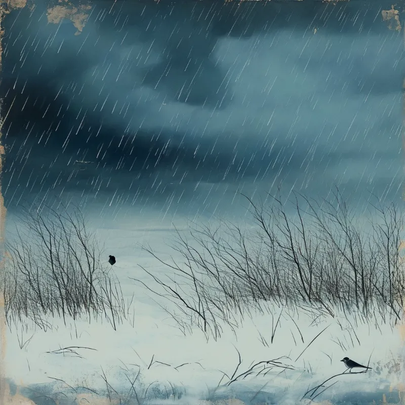 Two small birds rest among bare winter reeds during a heavy snowstorm under a moody blue sky.
