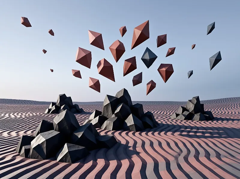 Angular rose and slate colored polyhedra drift in a clear sky above faceted boulders on rippled pink sand.