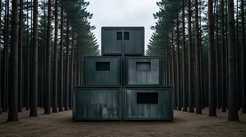 A stack of grey modular boxes sits centrally among tall pine trees under an overcast sky.