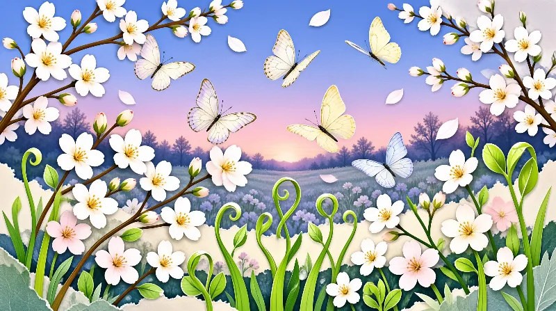 A layered paper cut illustration of cherry blossom branches and pastel butterflies above a lavender field at dusk.