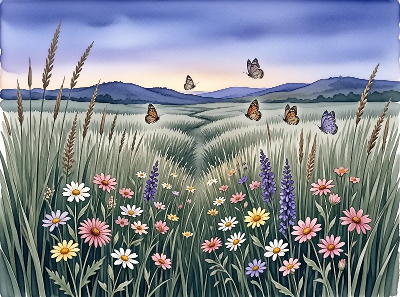 Butterflies soar above a grassy field filled with colorful wildflowers and distant mountains under a soft evening sky.