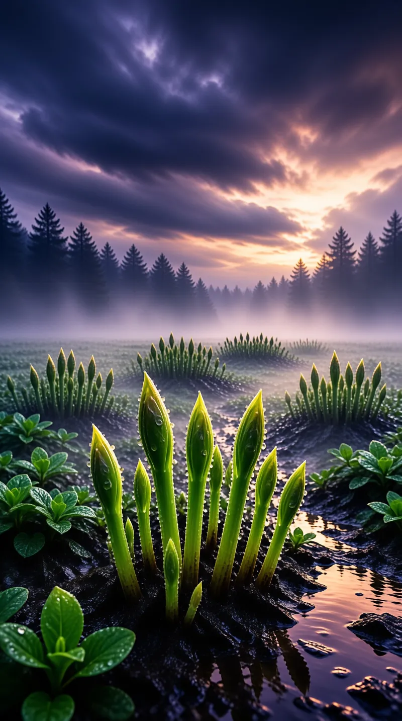 Wet dew covered green sprouts rise from damp dark ground in a foggy pine clearing, backlit by warm low sunset glow.