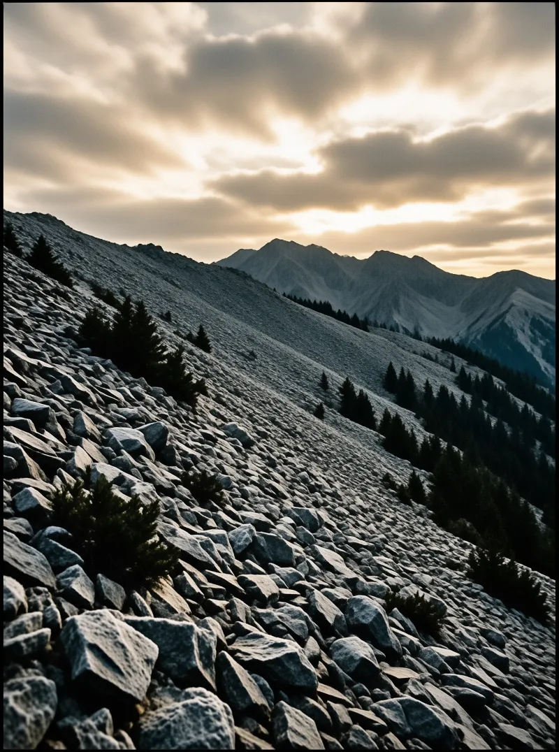 Loose grey stones cover a steep hillside rising toward distant peaks under a cloudy sky with light.