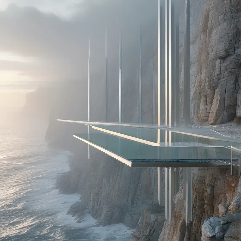 A transparent platform extends from a cliff overlooking ocean waves while tall vertical beams rise into a foggy atmosphere.