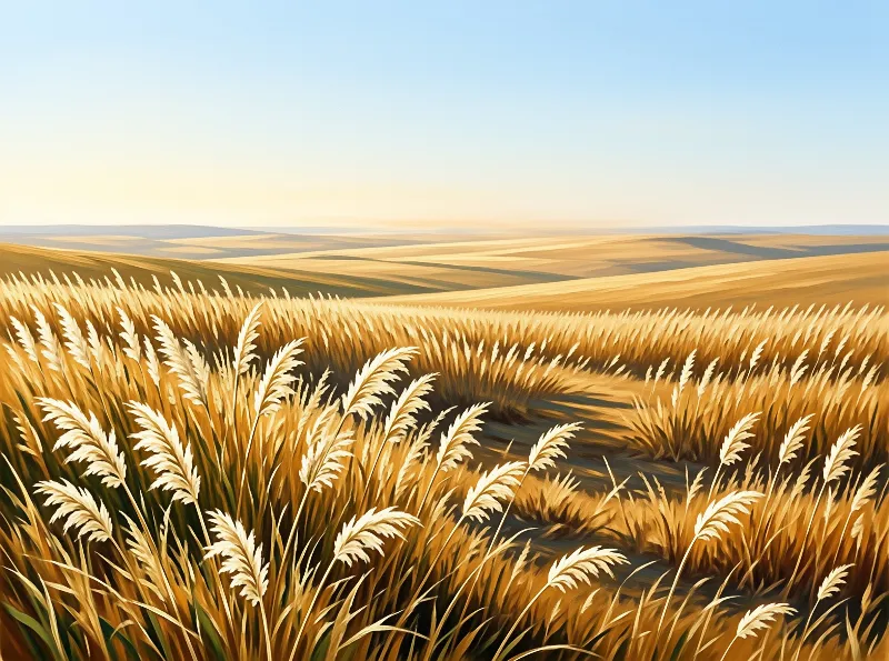 A low angle view captures tall golden wheat stalks in the foreground while smooth rolling hills extend into the distance under a clear sky.