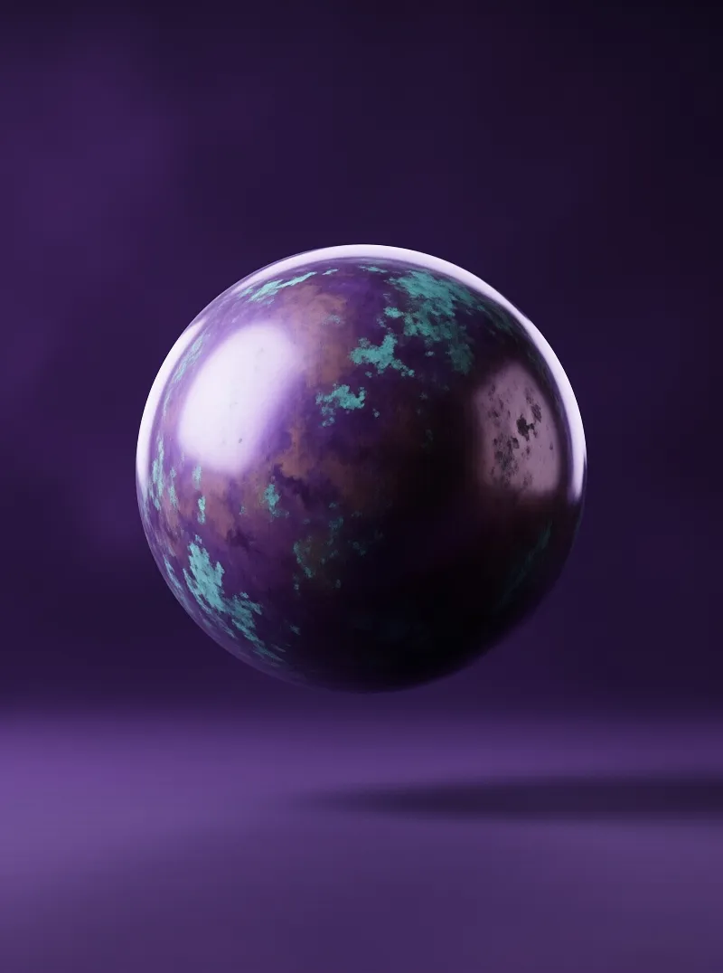 A mottled sphere with purple and teal surfaces floats against a smooth violet gradient background with a highlight.
