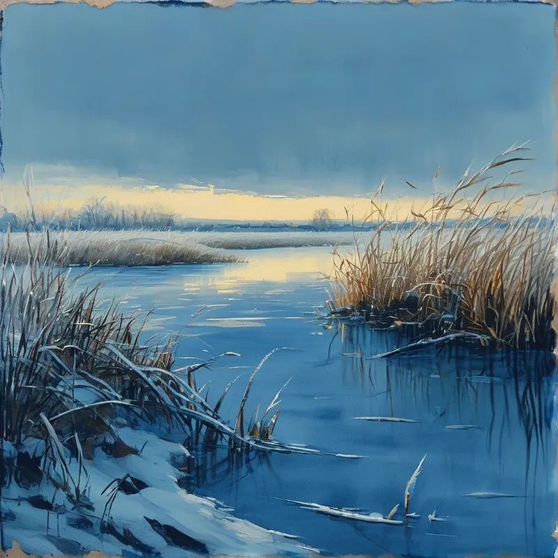 Partly frozen water winds between snow banks where golden reeds bend under frost beneath a moody winter sky.