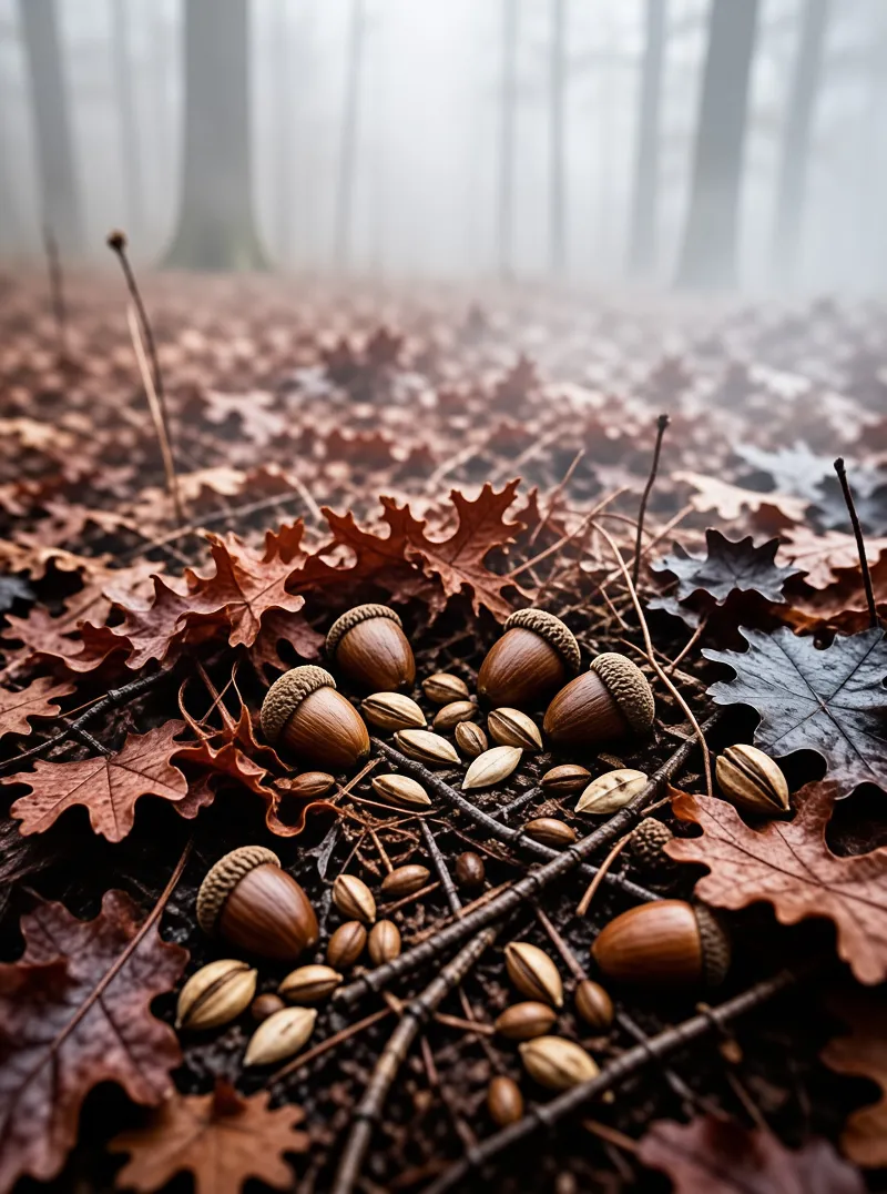 A cluster of brown acorns and seeds rests on the ground surrounded by dried oak leaves within a foggy woodland environment.
