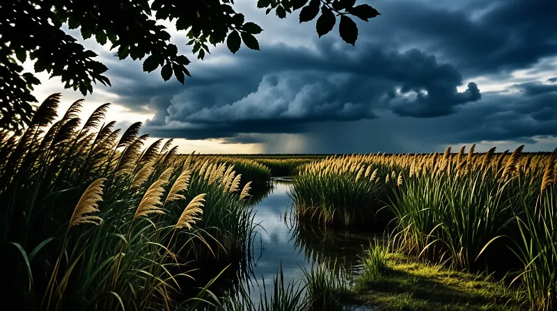 Heavy storm clouds gather above a wetland stream surrounded by tall golden grasses reflecting the light.