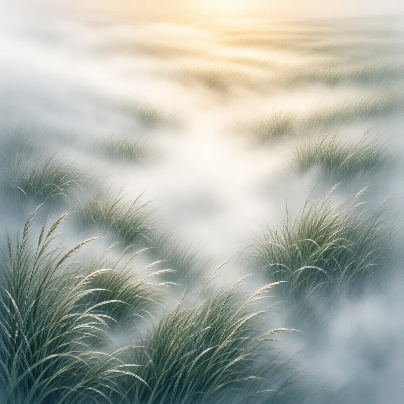 Clumps of green grass rise from thick white fog while soft golden light glows in the distance above the misty field.