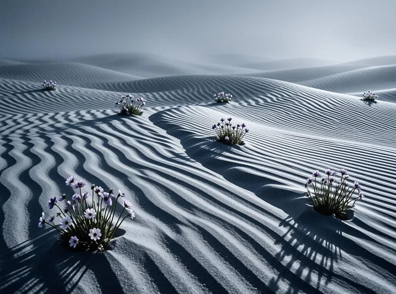 Purple wildflowers dot the rippled sand dunes under soft dawn light creating a tranquil desert scene