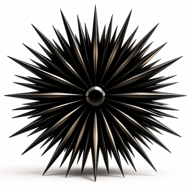 A glossy black spiky star shaped sculpture rests against a plain white studio background with warm highlights on its ridges.