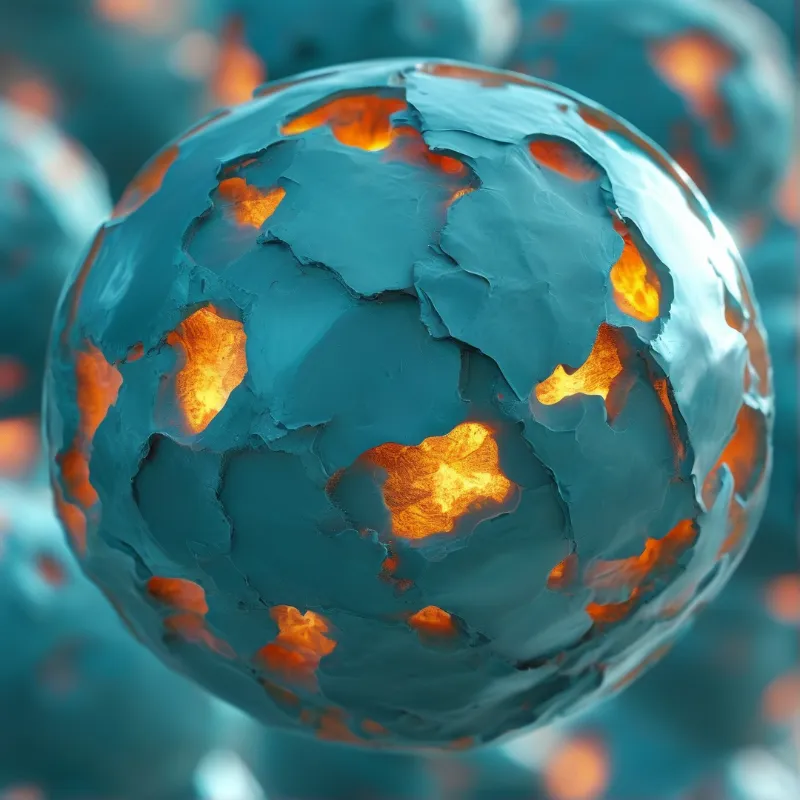A spherical object with a fragmented blue outer layer reveals a fiery orange interior beneath the cracked surface.