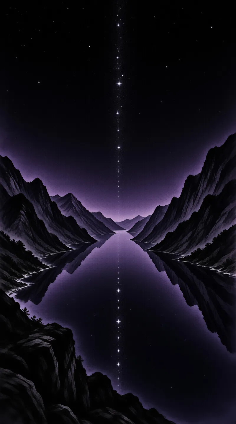 Dark peaks fold down either side of a mirror-calm fjord while a line of stars climbs a purple sky and doubles below.