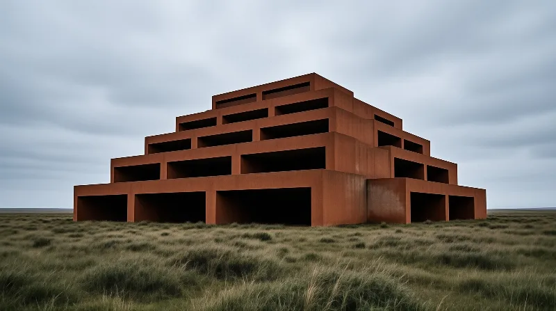 A stacked rust terracotta tiered step pyramid stands isolated in a wide open grassland under a heavy overcast grey sky.
