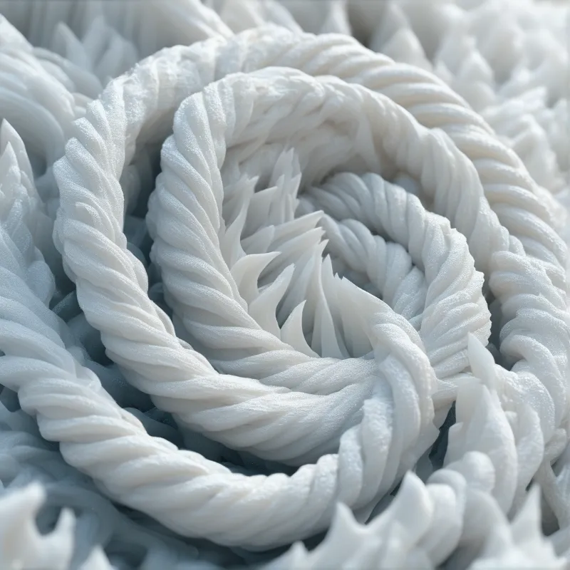 Close view of thick twisted cords wound into concentric rings, their fuzzy white fibers catching gentle daylight