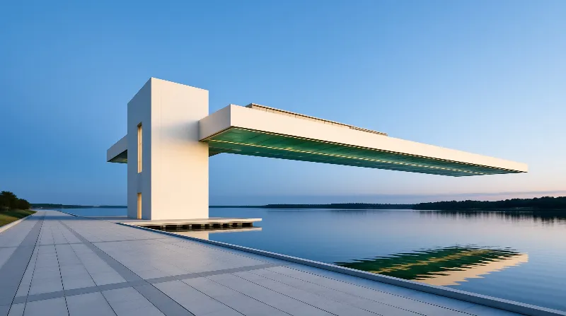 A minimalist white building extends horizontally above a calm water expanse under a gradient twilight sky.