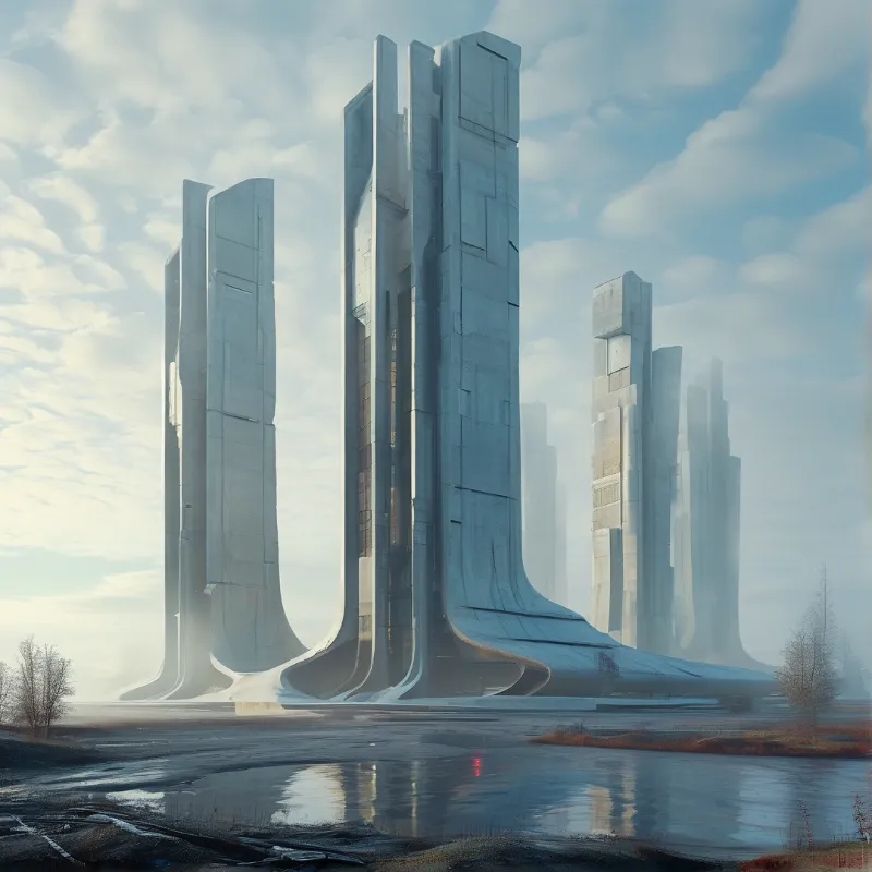 Tall, angular concrete spires rise from a foggy landscape, casting reflections in a shallow pool of water.