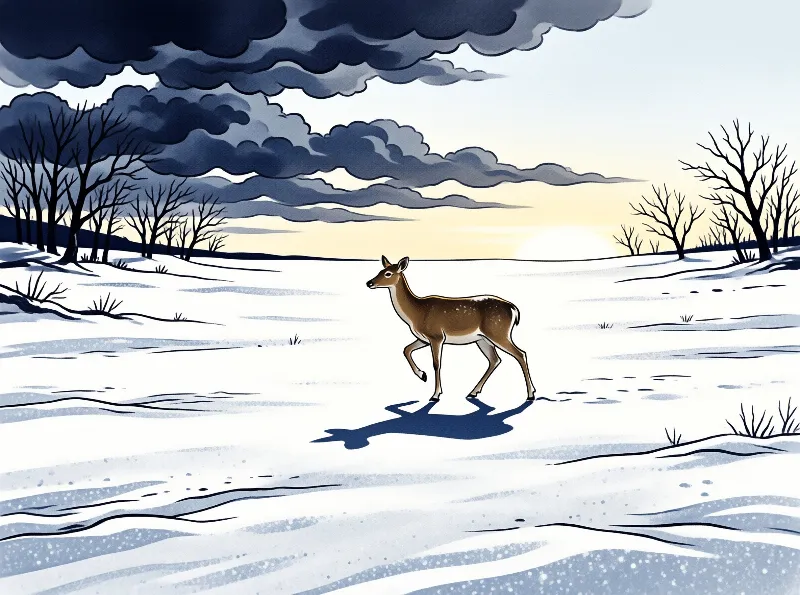 A small deer strides across white snow beneath heavy navy storm clouds and a warm horizon glow.