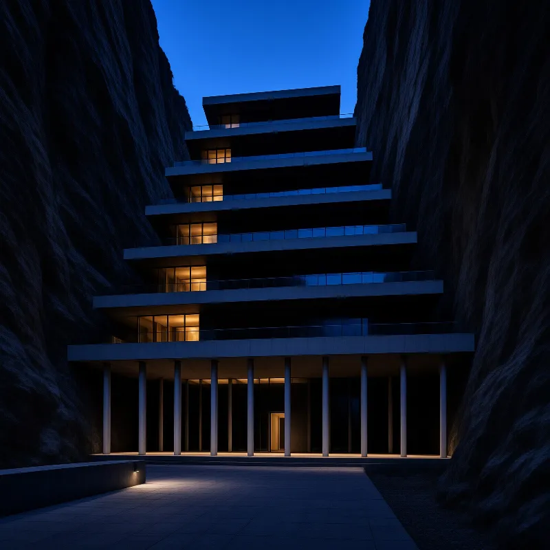 A multi-story building with illuminated windows sits between steep rock cliffs during the blue hour.