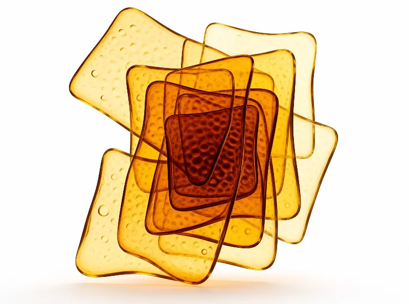Translucent honey-coloured plates overlap at random angles on a white ground, their dimpled texture deepening to amber.