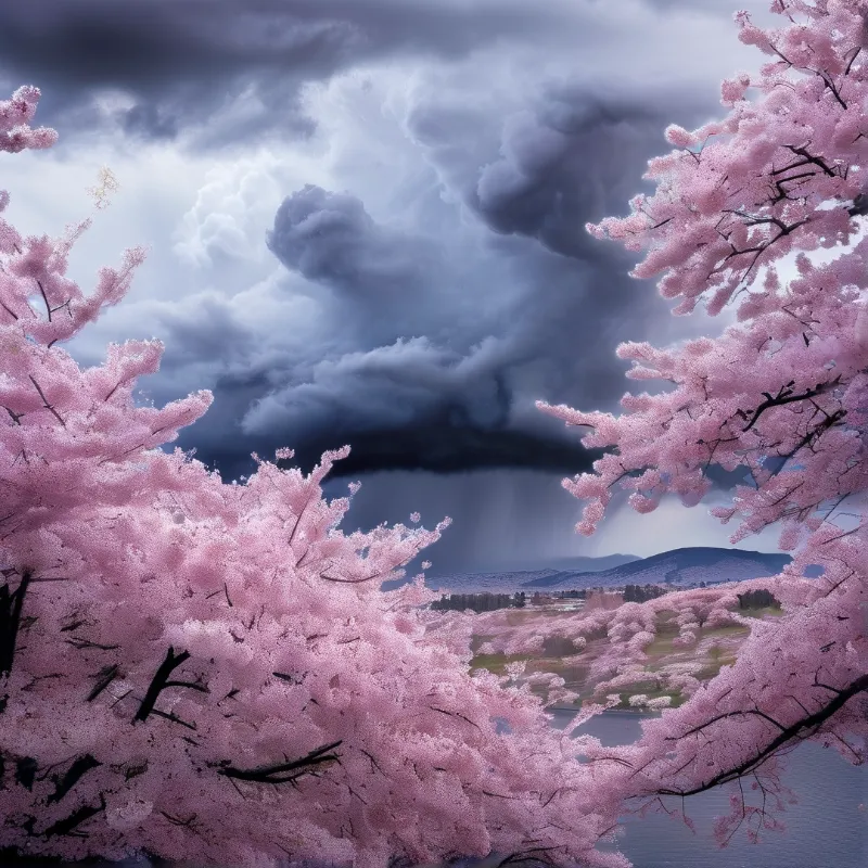 Cherry Blossoms Under Storm