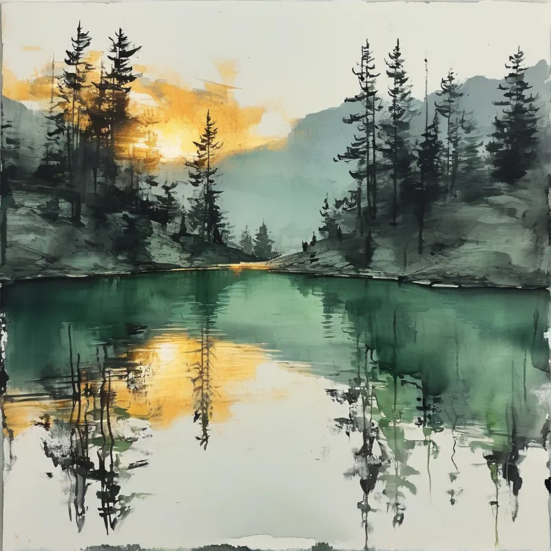 A landscape painting depicts a calm teal pond mirroring dark coniferous trees and a glowing orange horizon.